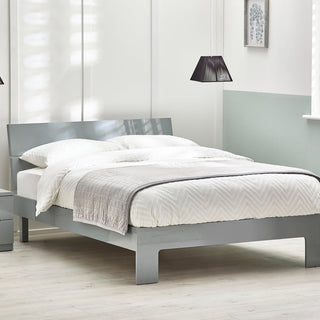 Manhattan Double Bed Frame in Grey High Gloss Lacquer with white bedding.