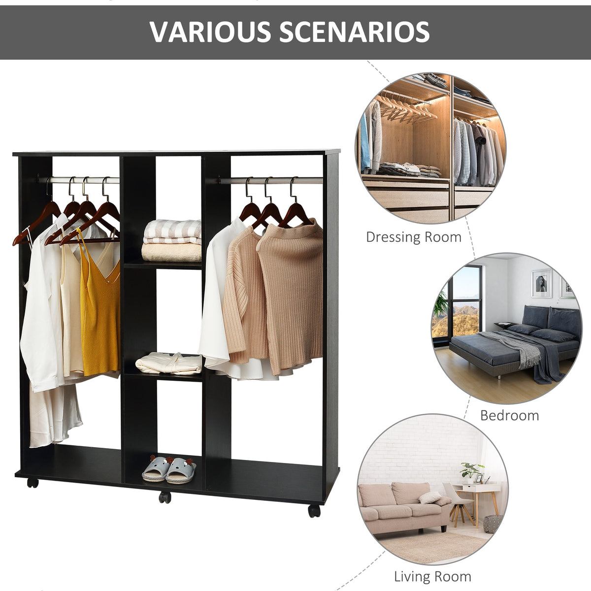 homcom open wardrobe double mobile storage shelves organizer w 6 wheels black