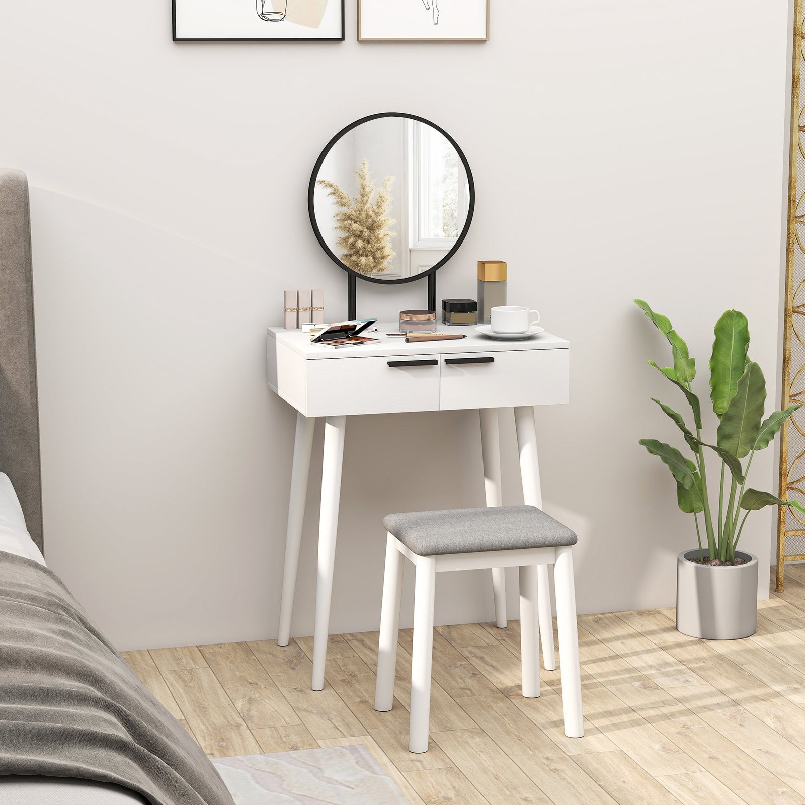 homcom modern dressing table with round mirror and stool makeup vanity table with 2 drawers for bedroom living room 60 x 40 x 123 cm white