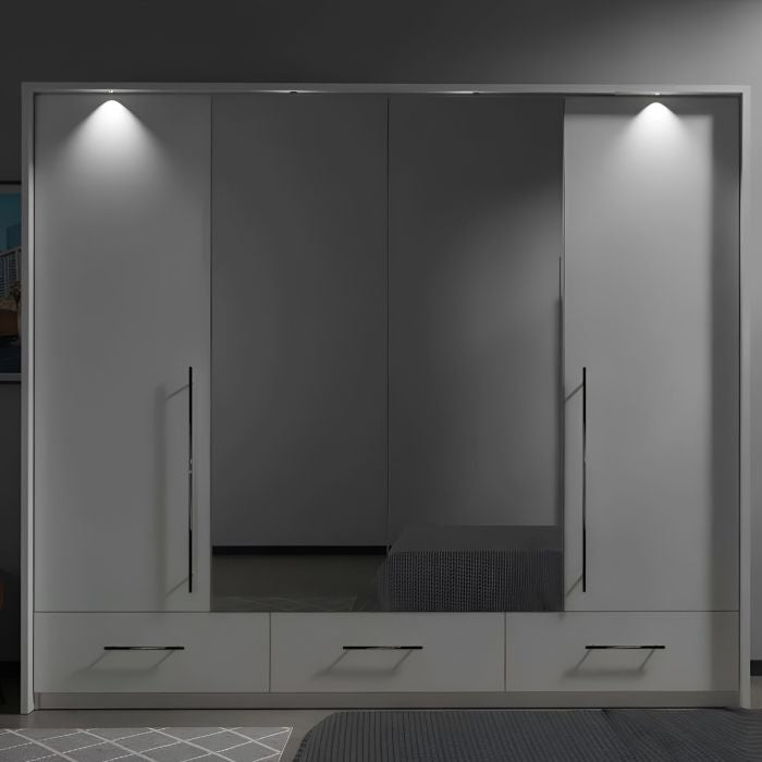 White 4 door wardrobe with central mirrored panels and three lower drawers with LED lighting.