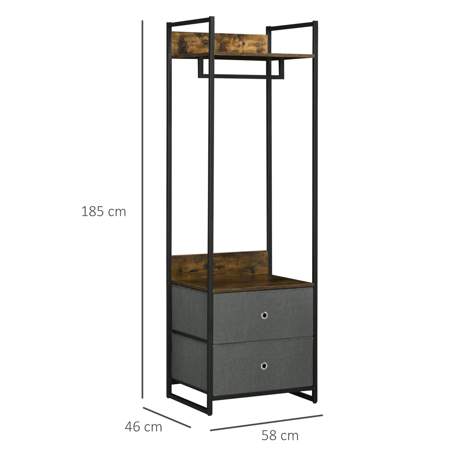 homcom clothes rail metal coat stand garment rack with 2 fabric storage drawers single wardrobe for bedroom hallway rustic brown and grey