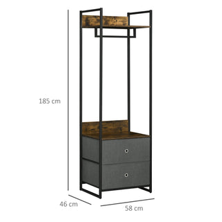 homcom clothes rail metal coat stand garment rack with 2 fabric storage drawers single wardrobe for bedroom hallway rustic brown and grey