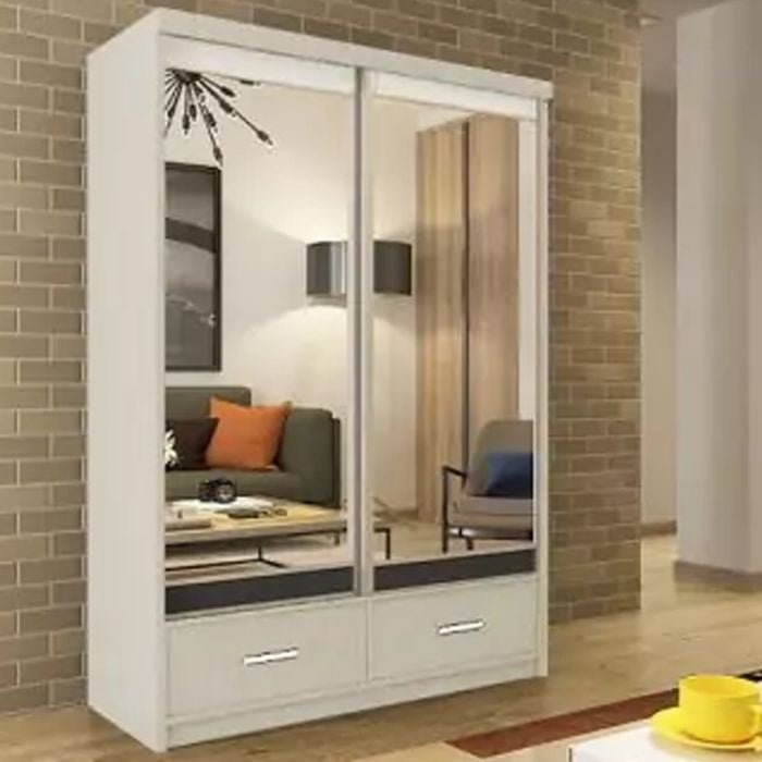 CHOICEWARDROBE Newry 150cm white sliding door wardrobe with mirrored panels and two drawers