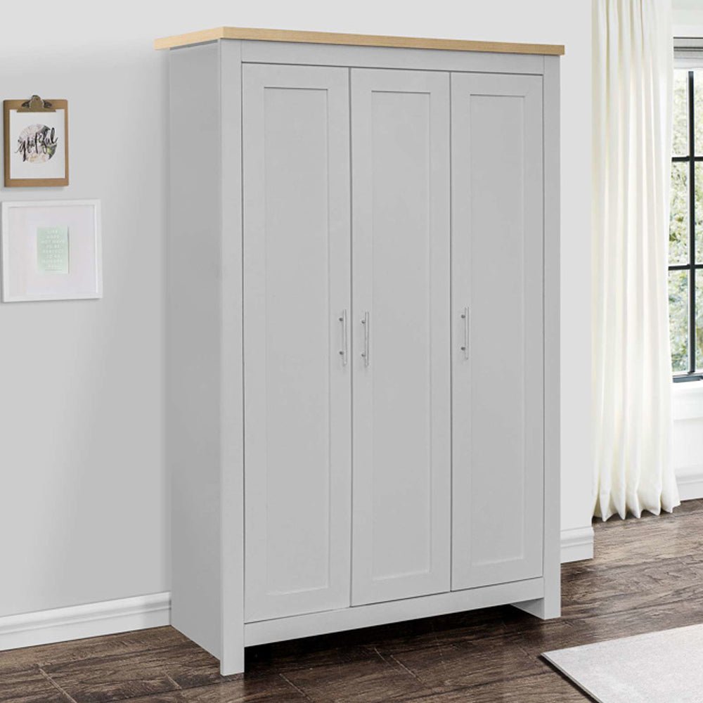 Grey wooden wardrobe with 3 doors and oak effect top