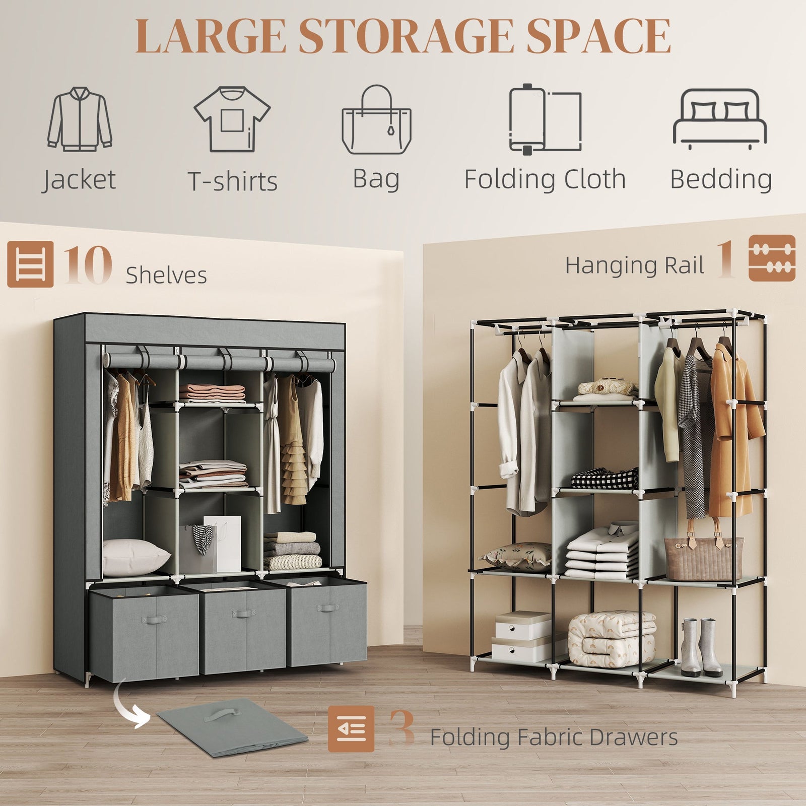 homcom foldable fabric wardrobe for bedroom portable wardrobe with 5 shelves 2 hanging rails and 3 fabric drawers light grey