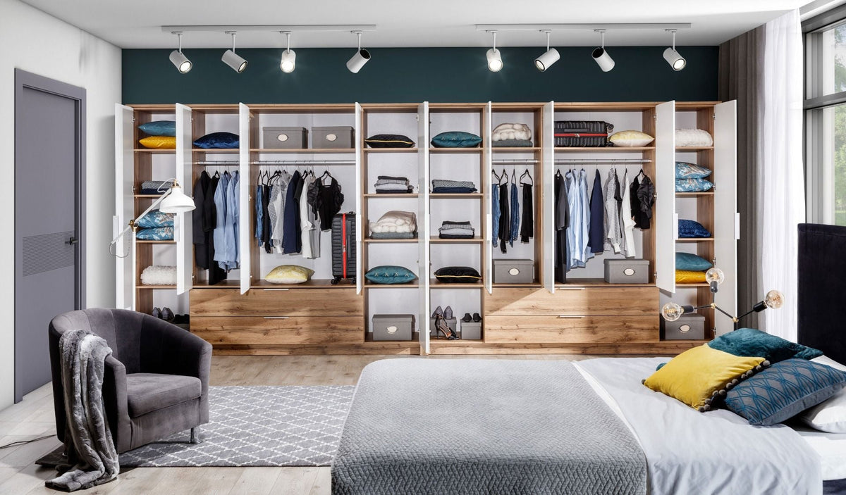 MARVELLO 5 door wardrobe with 2 drawers in oak wotan and white finishes
