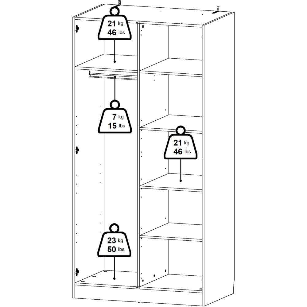 Line drawing of Florence Brande Jackson Hickory Oak wardrobe showing weight limits for shelves and hanging rail.