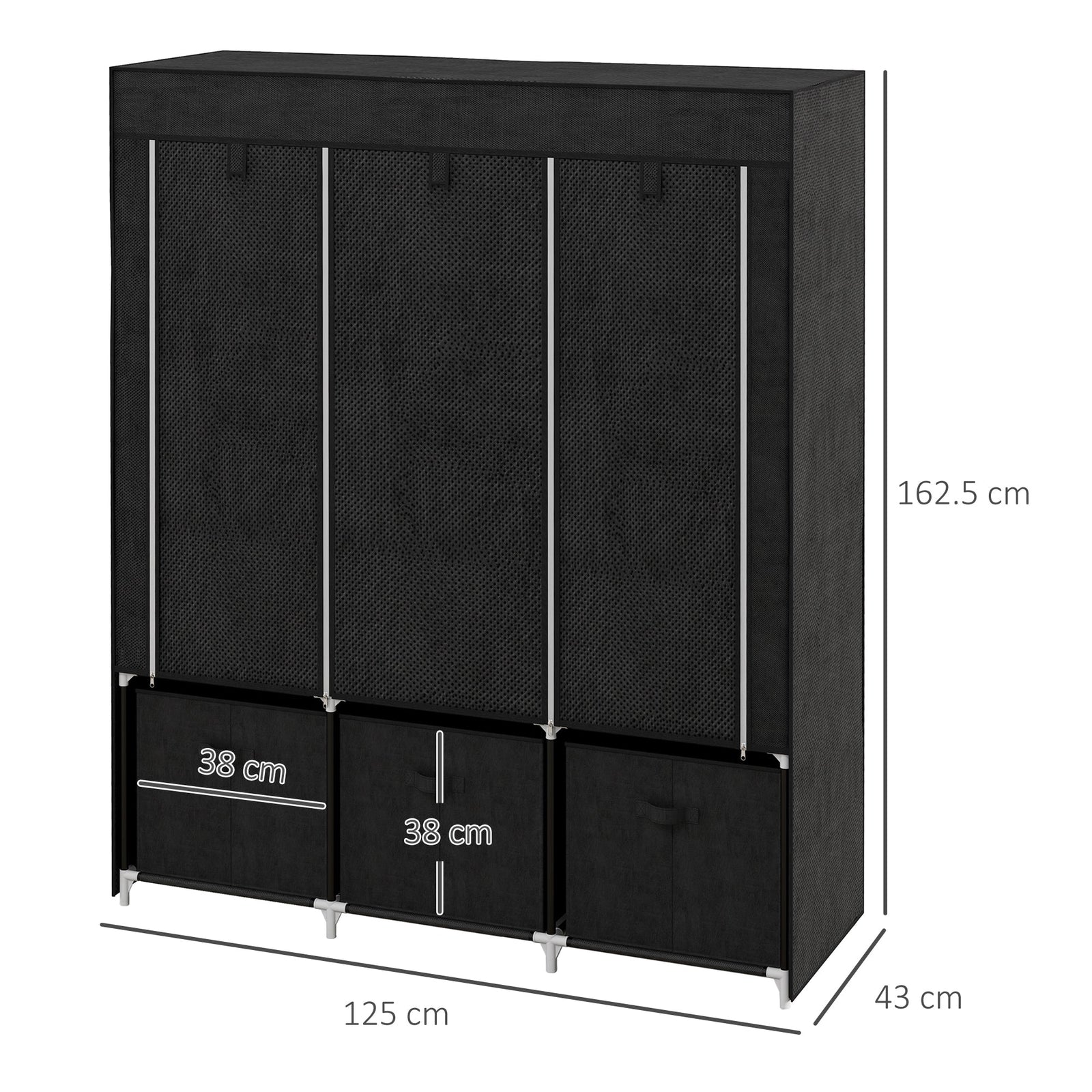 homcom foldable fabric wardrobe for bedroom portable wardrobe with 5 shelves 2 hanging rails and 3 fabric drawers black