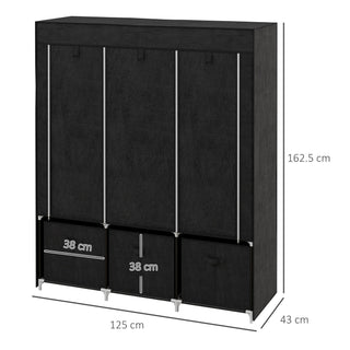homcom foldable fabric wardrobe for bedroom portable wardrobe with 5 shelves 2 hanging rails and 3 fabric drawers black