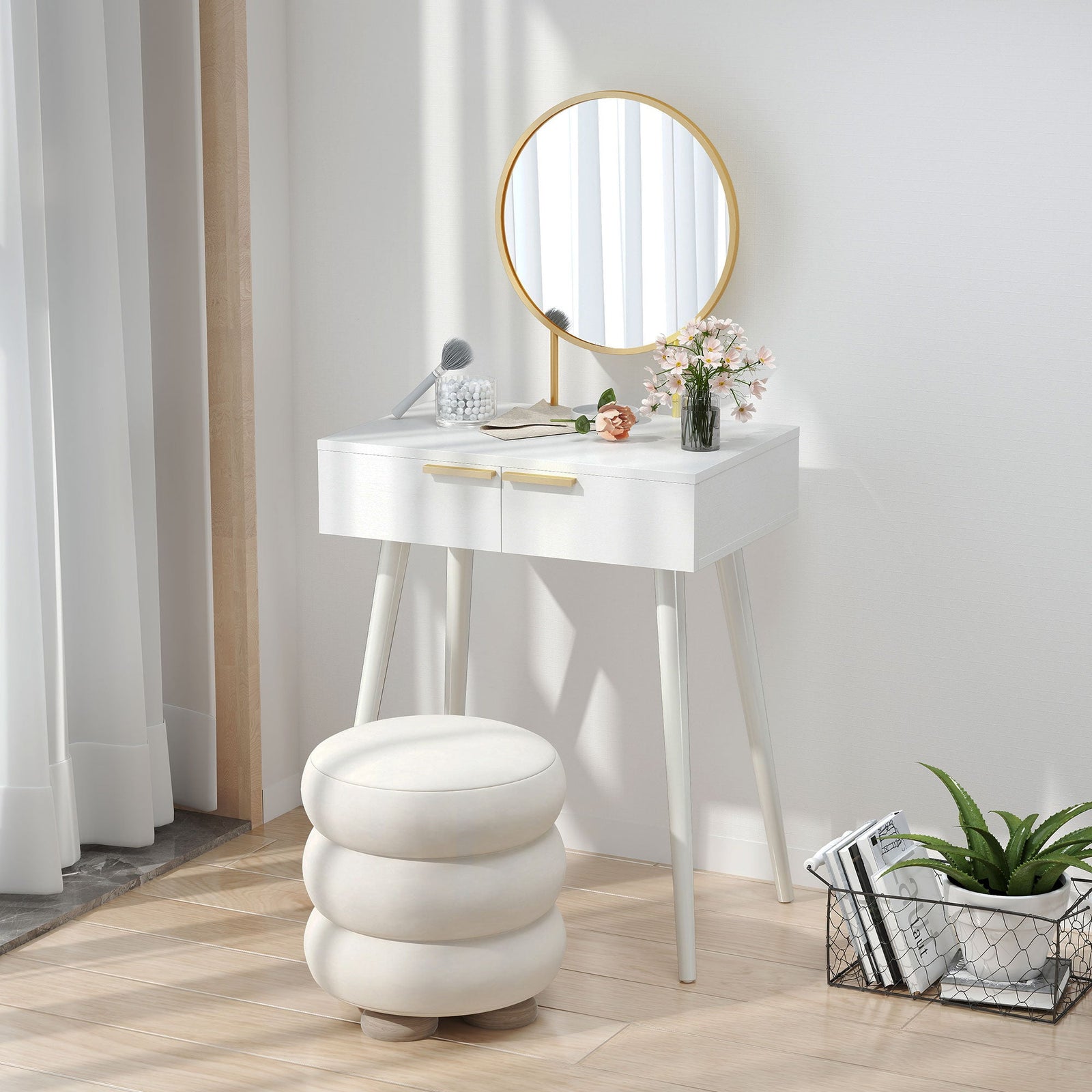 homcom elegant dressing table with round mirror 60 x 40 x 123 cm white