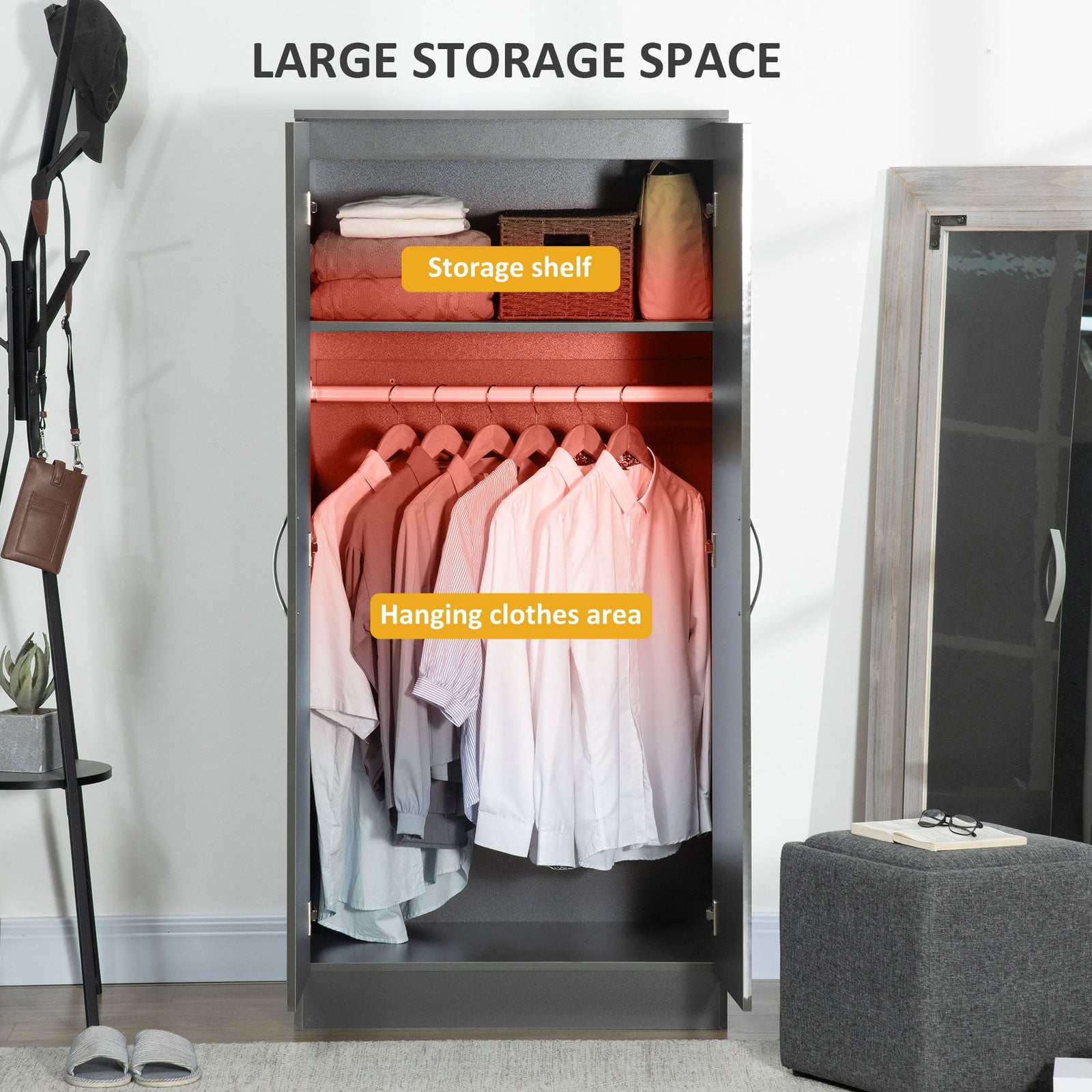 homcom high gloss wardrobe 2 door wardrobe with hanging rod and storage shelf clothes storage organizer with anti tipping design for bedroom grey