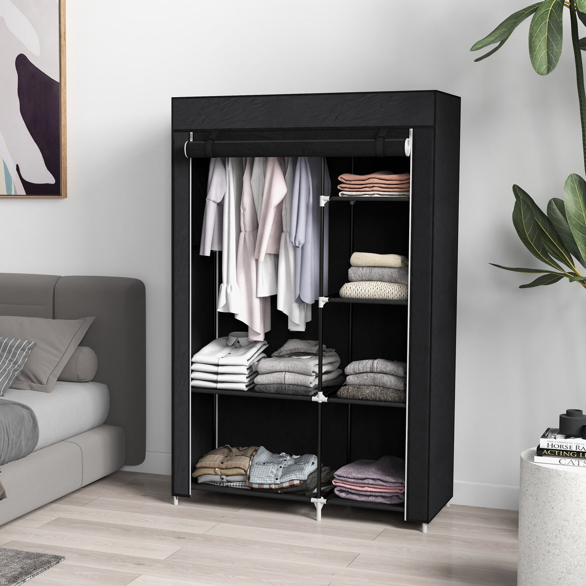 homcom fabric wardrobe portable wardrobe with 6 shelves 1 hanging rail foldable closets 103 x 43 x 162 5 cm black