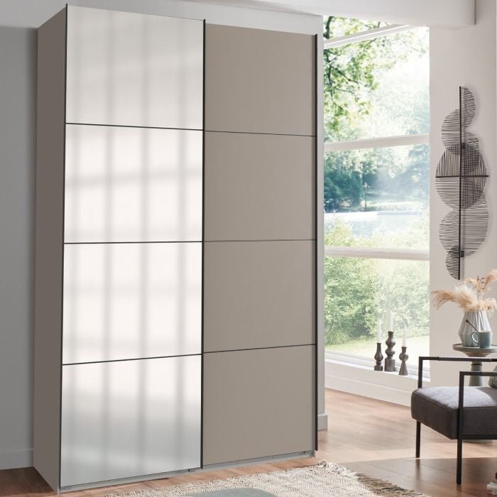ANVAST 2 door sliding wardrobe in grey with mirrored front panels, 135cm wide.