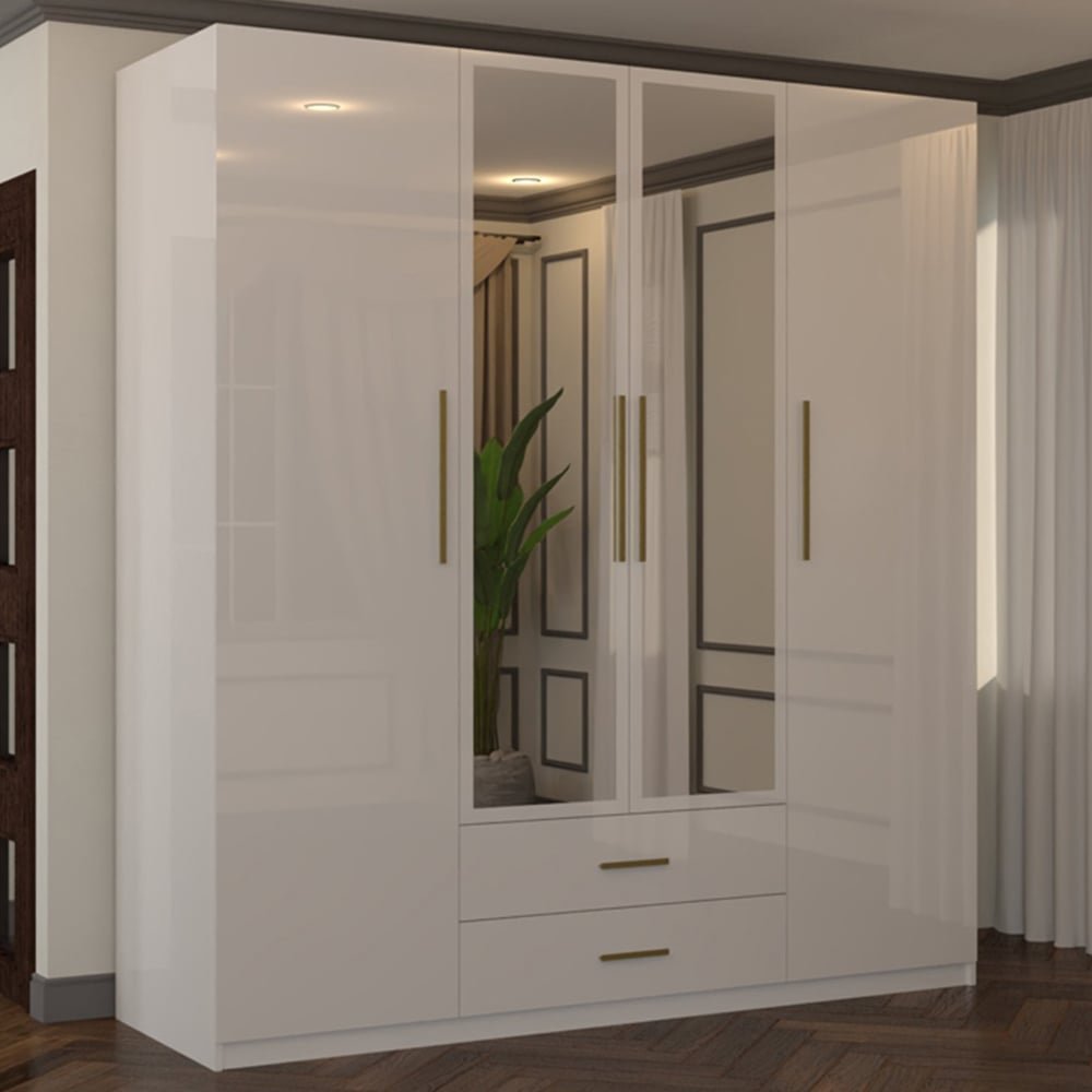 White high gloss 4-door wardrobe with gold handles and mirrored centre panels