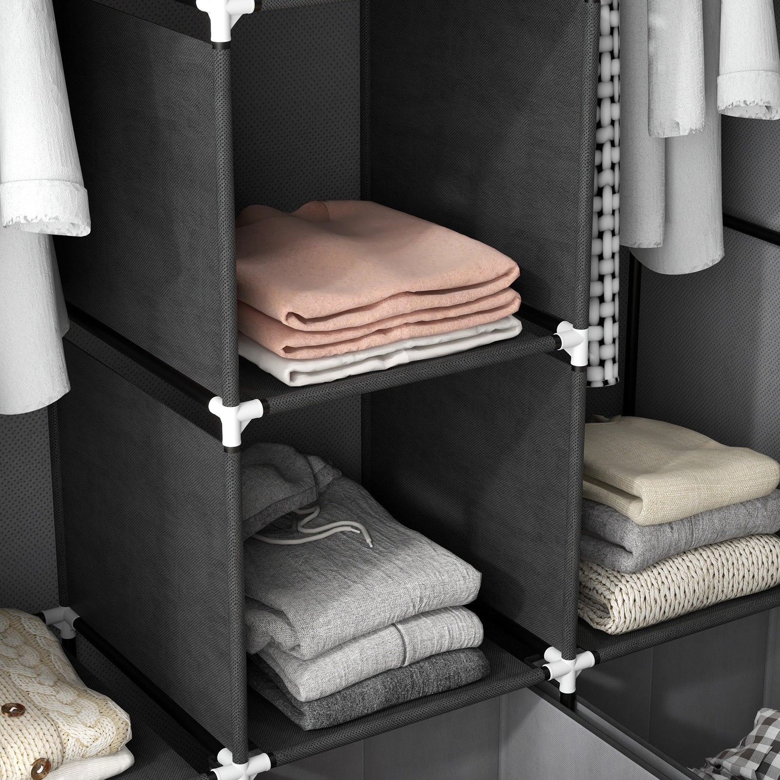 homcom foldable fabric wardrobe for bedroom portable wardrobe with 5 shelves 2 hanging rails and 3 fabric drawers dark grey