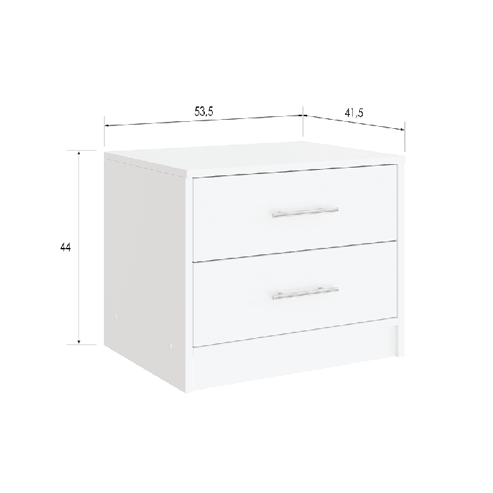 White 2 drawer bedside table with silver handles