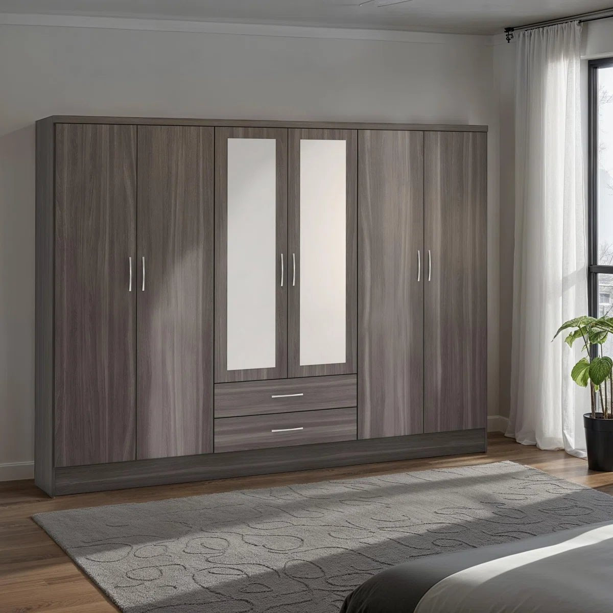 CHOICEWARDROBE Modara 230cm 6 door mirrored wardrobe in dark grey oak wood grain with drawers.