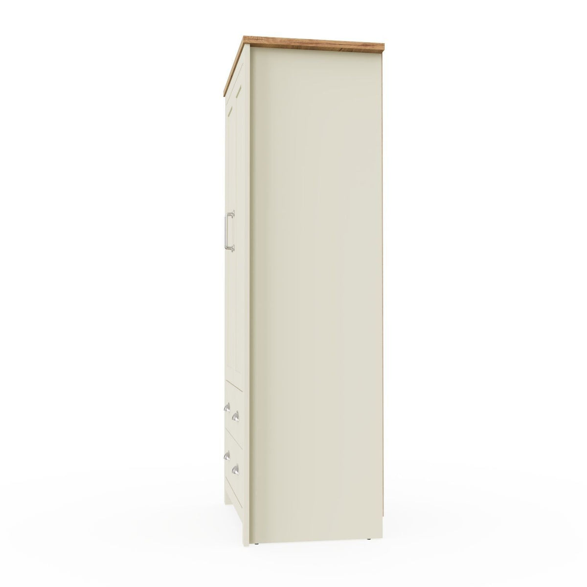 CHOICEWARDROBE Lisbon Cream 2 Door Wardrobe with Oak Effect Top and visible drawer handles, side view.