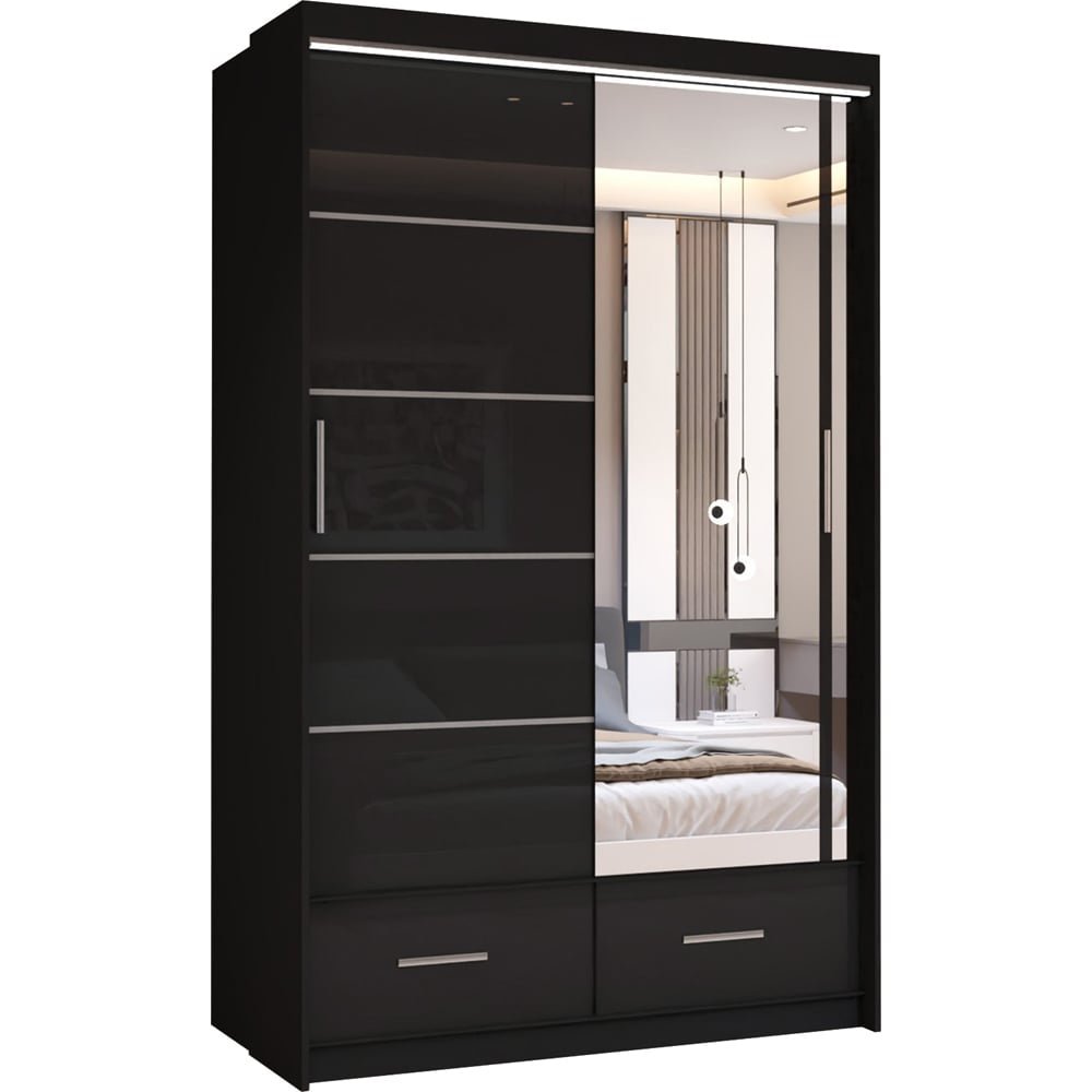 Black high gloss sliding wardrobe with mirror panel and two drawers