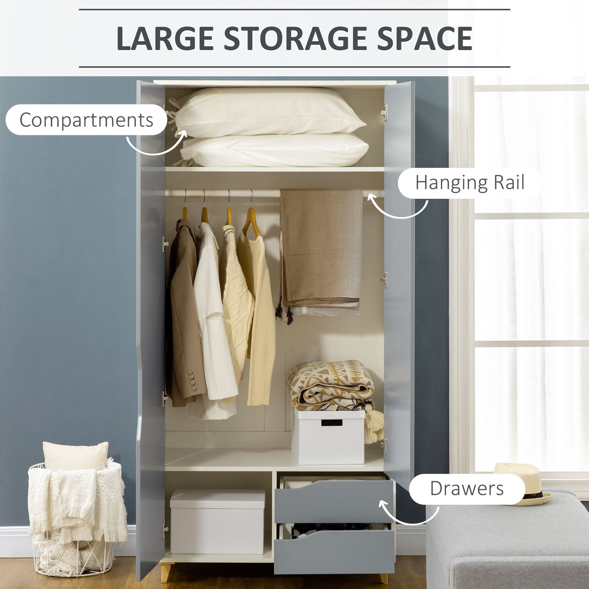 homcom bedroom furniture set wardrobe with hanging rail 3 drawer chest of drawers bedside table with drawer grey and white