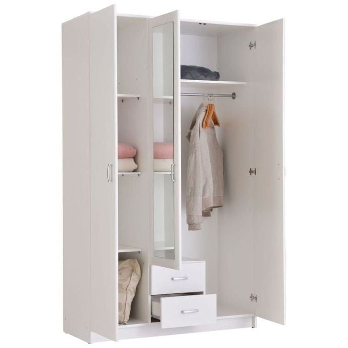White 3-door wardrobe with mirrored door, internal shelves, hanging rail and two drawers