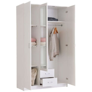 White 3-door wardrobe with mirrored door, internal shelves, hanging rail and two drawers