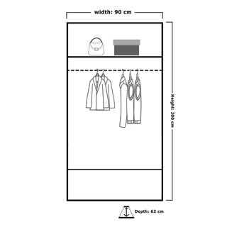 Diagram of CHOICEWARDROBE Chicago II 90cm wardrobe, 200x62cm, showing hanging clothes, bag and box on shelf.
