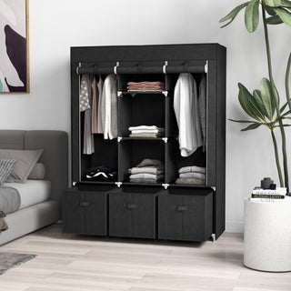 homcom foldable fabric wardrobe for bedroom portable wardrobe with 5 shelves 2 hanging rails and 3 fabric drawers black