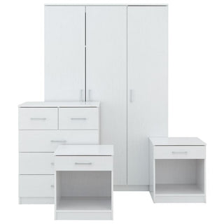 White 4-piece bedroom set with 3-door wardrobe, chest of drawers, and 2 bedside tables