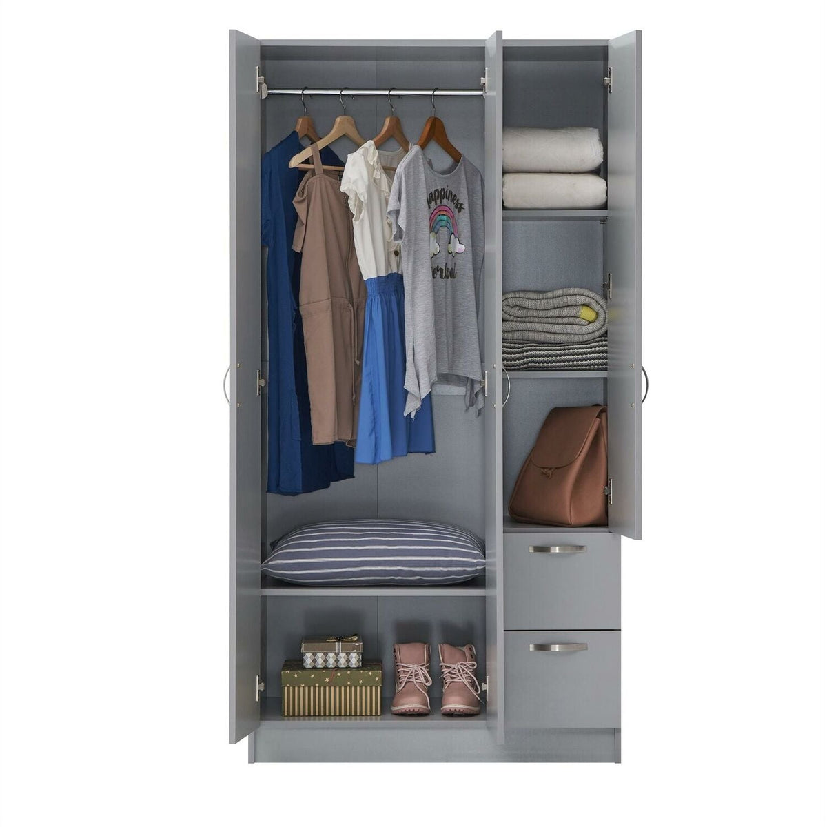CHOICEWARDROBE Grafton 90 Grey 3 door wardrobe with 2 drawers, open doors showing storage.