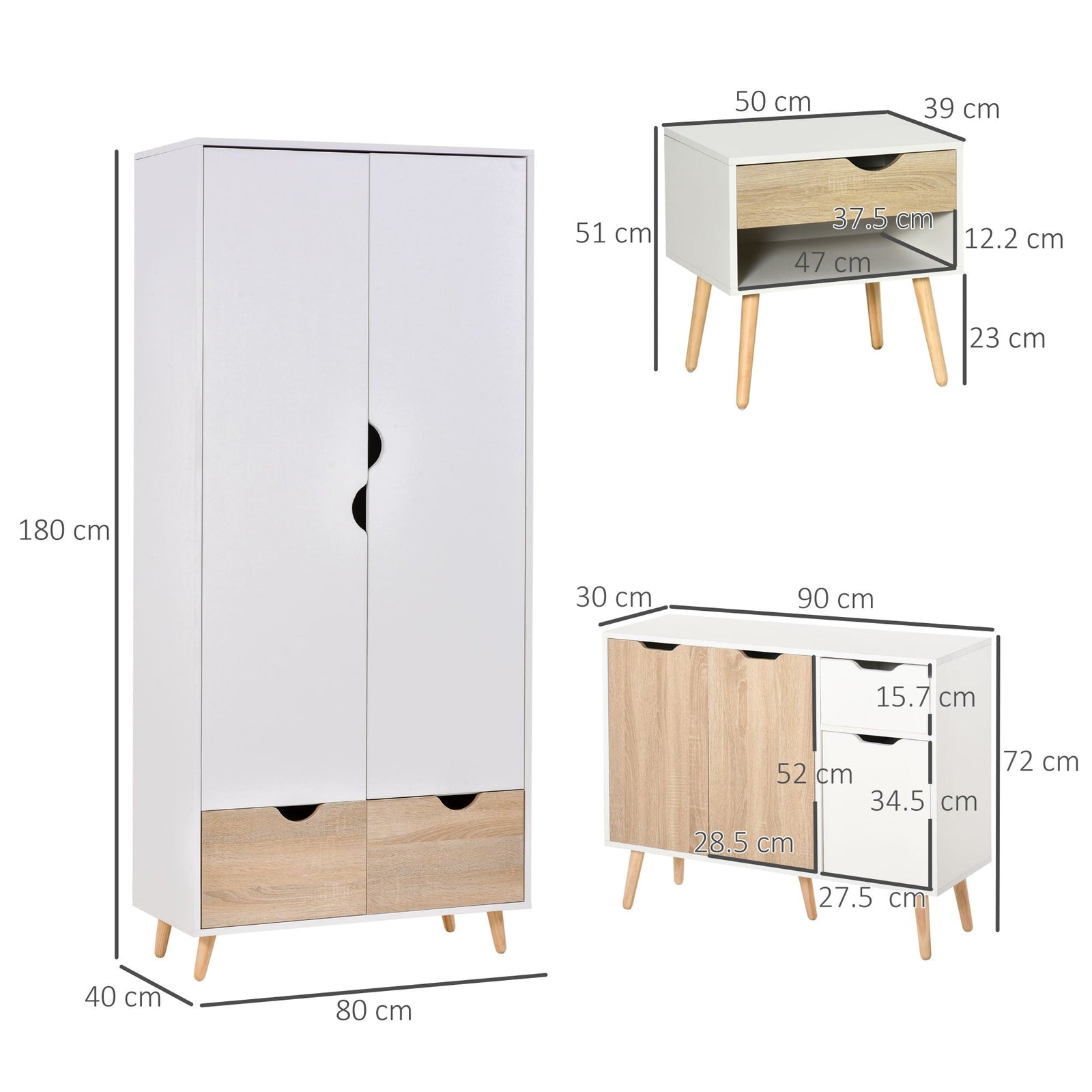 homcom bedroom furniture set wardrobe with hanging rod side cabinet with wood legs bedside table with drawer nature wood finish and white