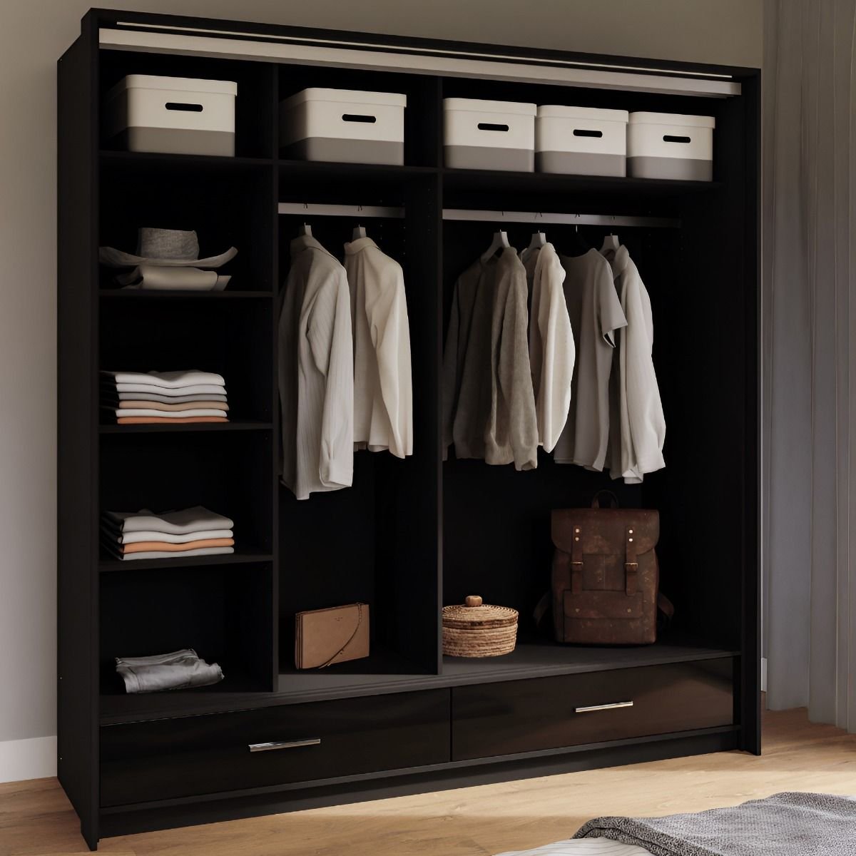 Choice Wardrobe WARRINGTON 2-door black high gloss sliding wardrobe with internal storage layout 208cm