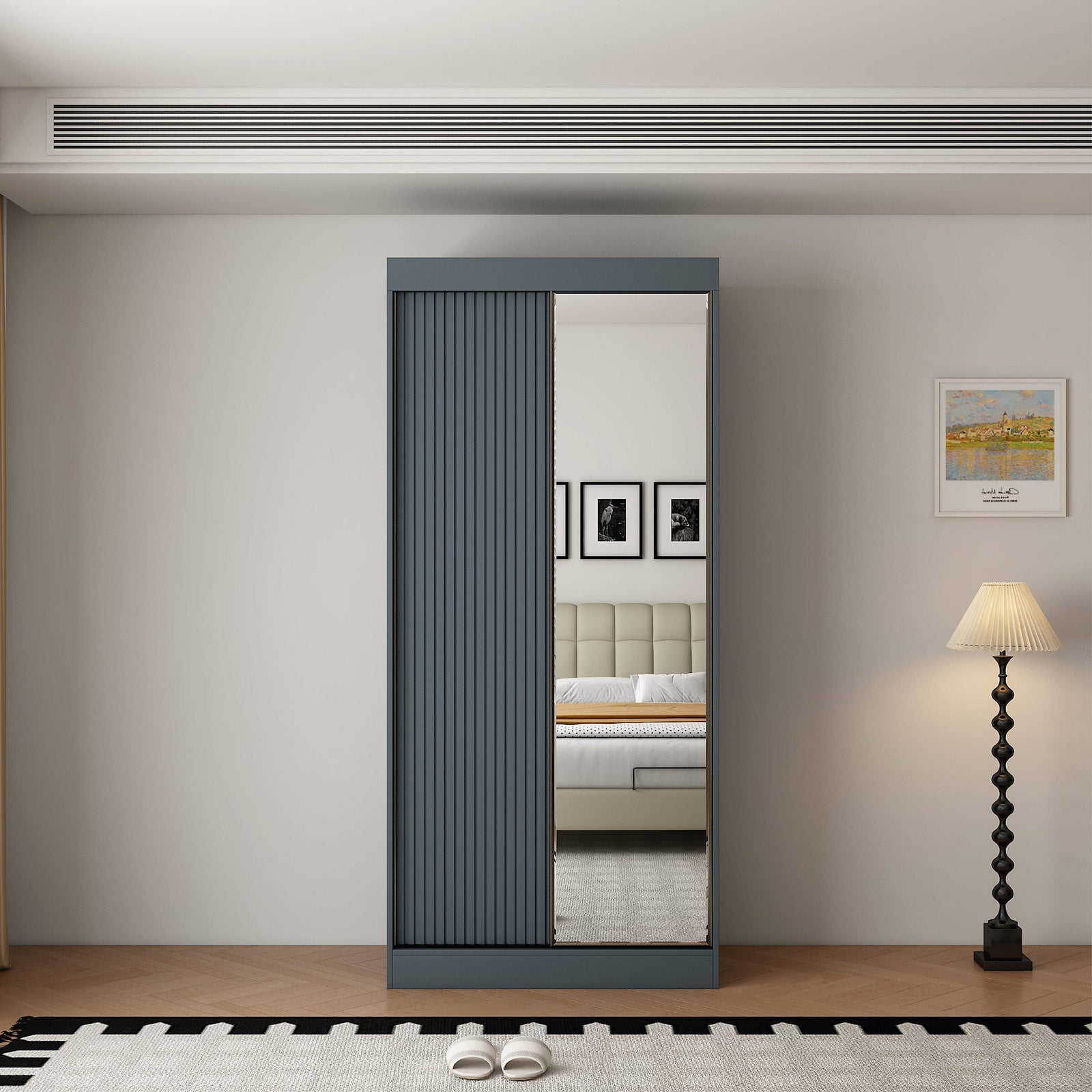 Dark grey 100cm 2-door sliding wardrobe with one mirrored door and textured panel.