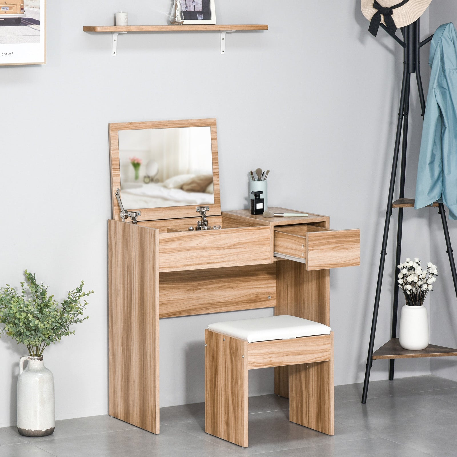 homcom dressing table with flip up mirror and cushioned stool makeup vanity desk with hidden compartments and storage drawer convertible writing table for bedroom natural