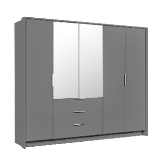 Grey 5 door hinged wardrobe with 2 mirrored doors and 3 drawers