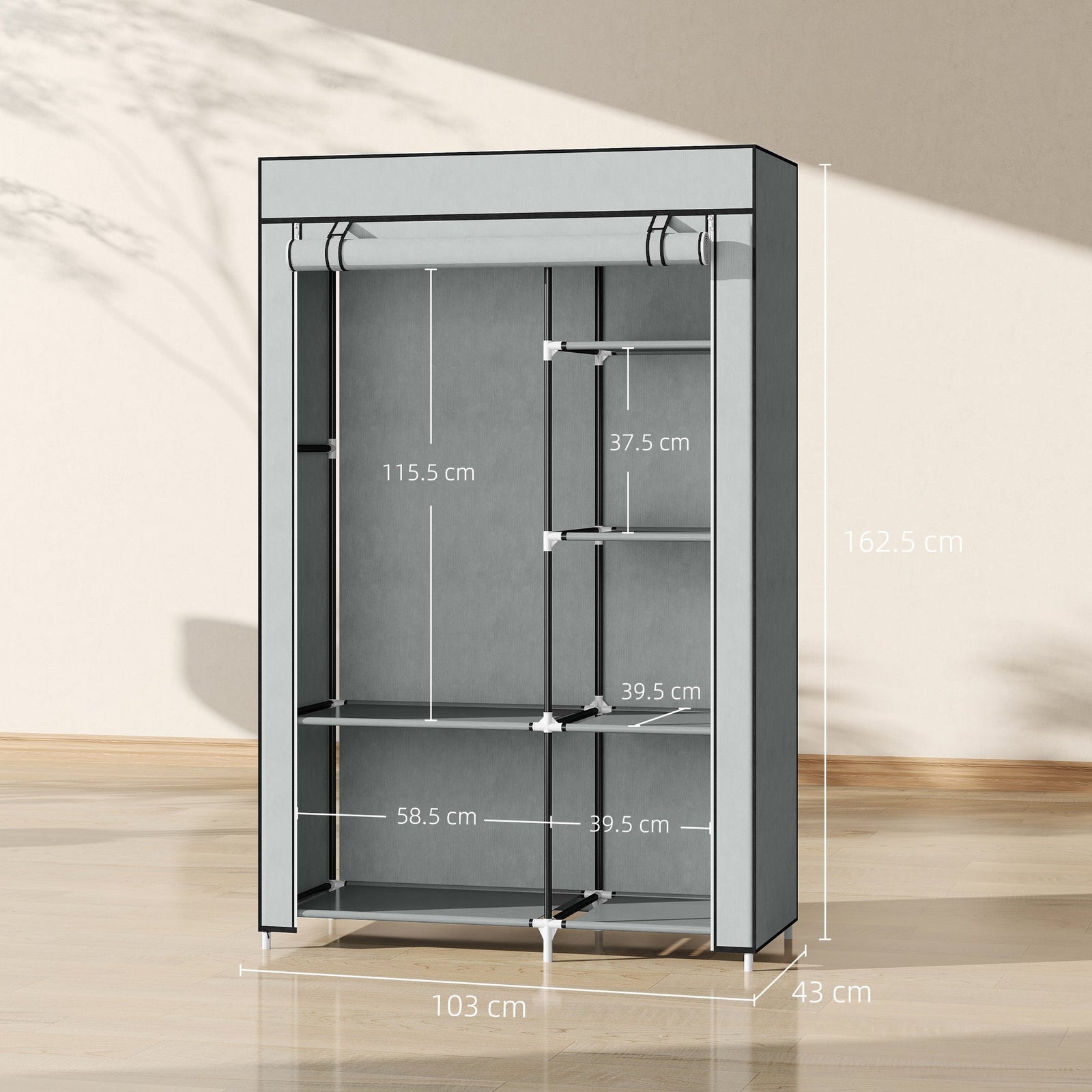 homcom fabric wardrobe portable wardrobe with 6 shelves 1 hanging rail foldable closets 103 x 43 x 162 5 cm light grey