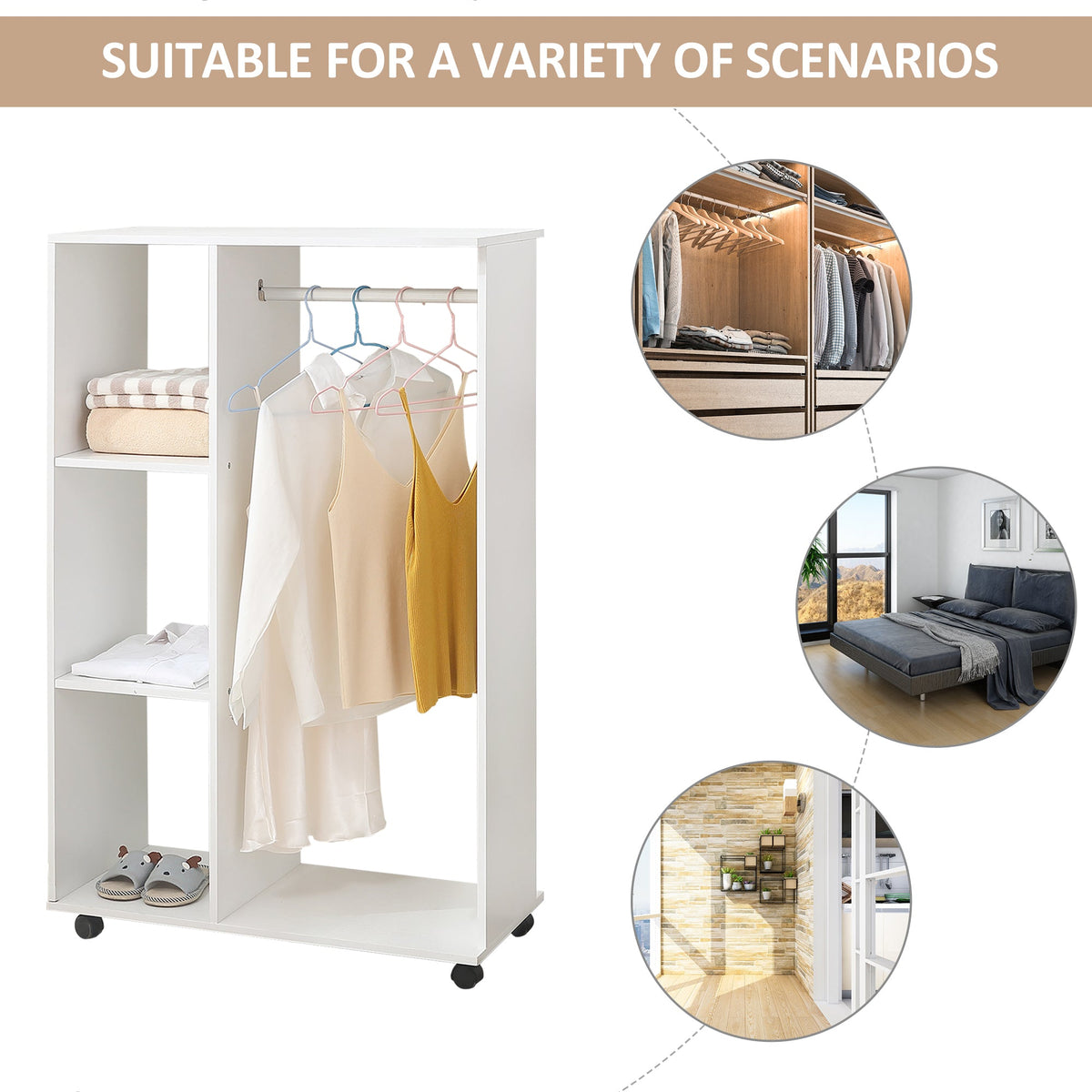 homcom open wardrobe on wheels bedroom wardrobe with clothes hanging rail 3 storage shelves mobile garment rack for cloakroom hallway white