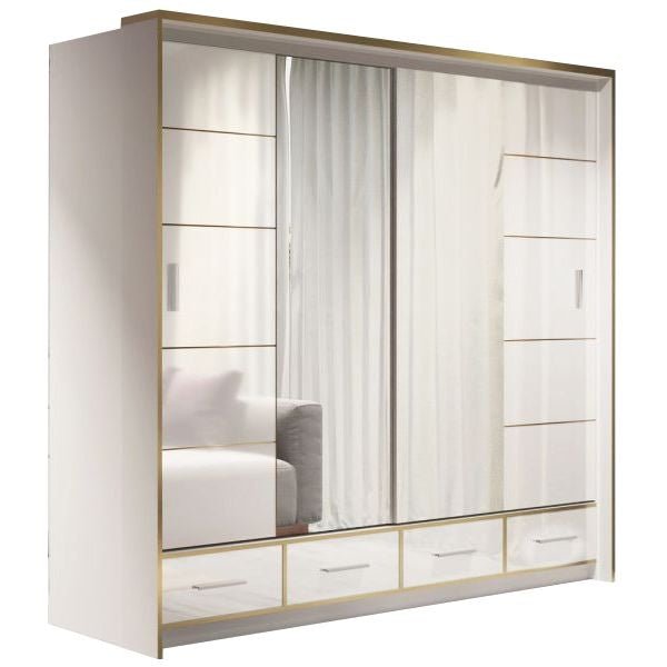 White gloss sliding wardrobe with 2 mirrored doors and 3 lower drawers
