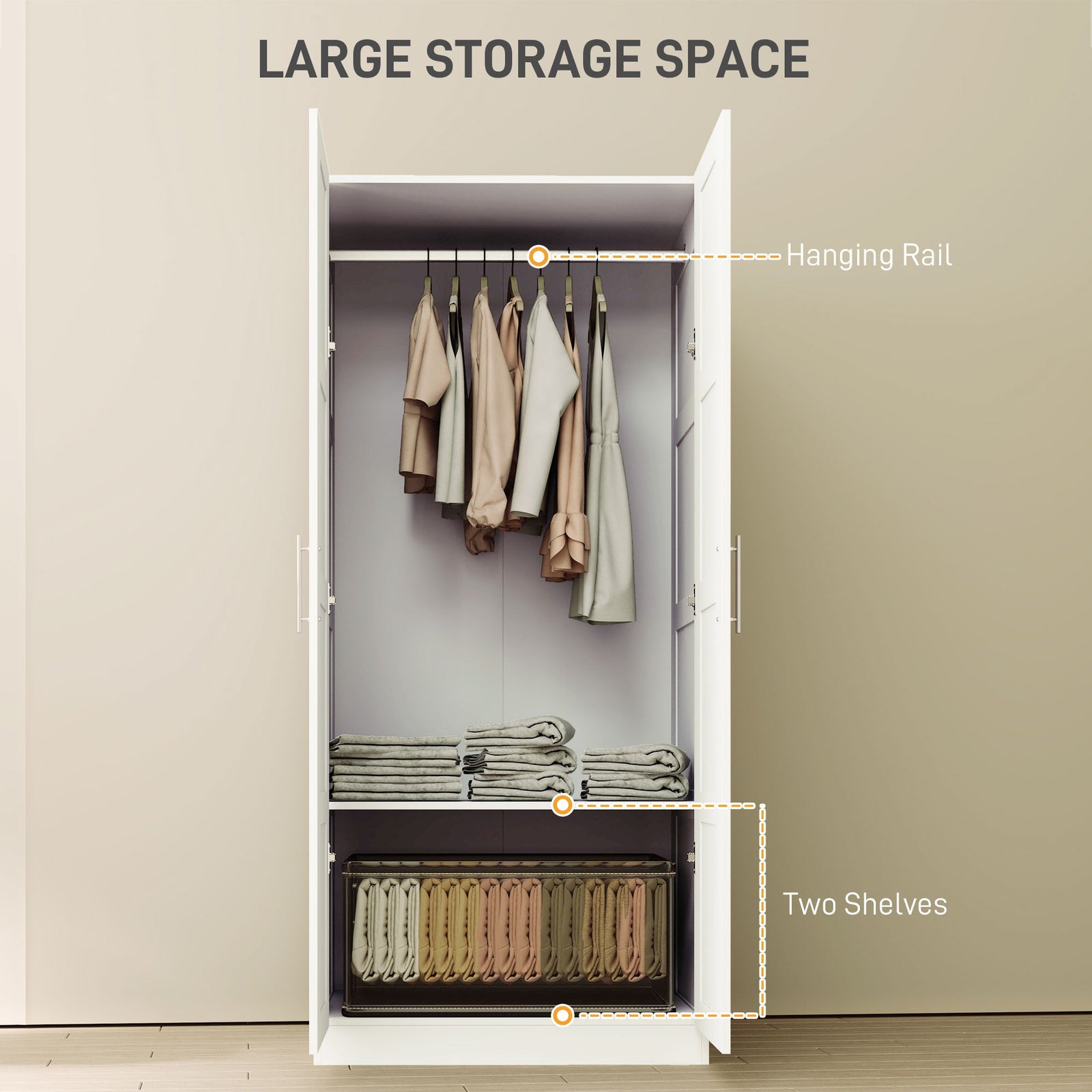 homcom double paneled door wardrobe with shelves white