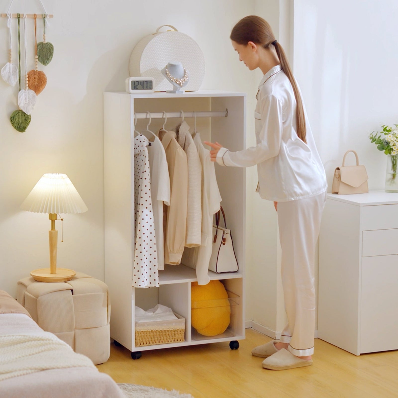 homcom open wardrobe on wheels bedroom wardrobe with clothes hanging rail 2 storage shelves mobile garment rack for cloakroom hallway white