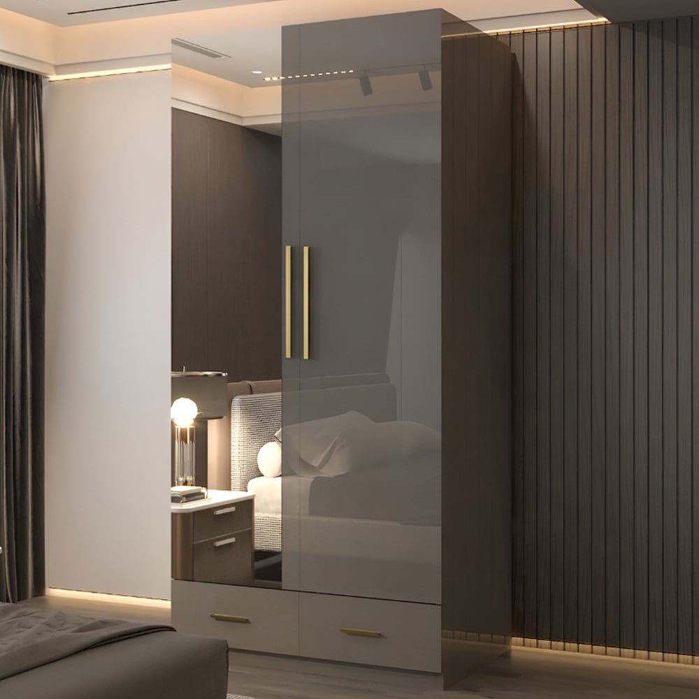 XD4 Grey High Gloss 2 Door 2 Drawer Wardrobe with Gold Handles and Mirrored Doors