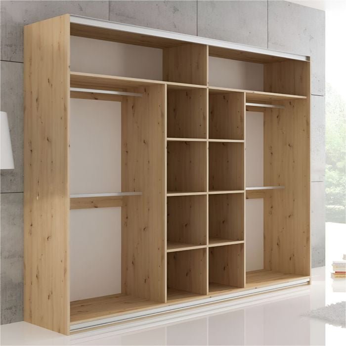 Oak Wotan sliding wardrobe with visible internal shelves and compartments