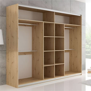 Oak Wotan sliding wardrobe with visible internal shelves and compartments