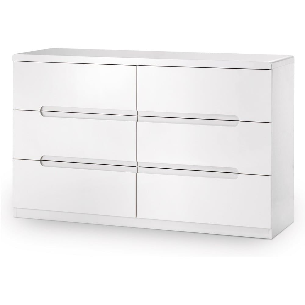Manhattan 6 drawer white high gloss wide chest of drawers with integrated handles