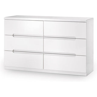 Manhattan 6 drawer white high gloss wide chest of drawers with integrated handles