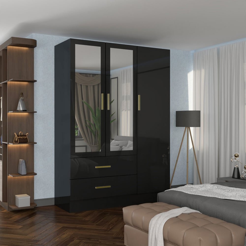XD2 Black High Gloss 3 Door 2 Drawer Gold Handle Mirrored Wardrobe