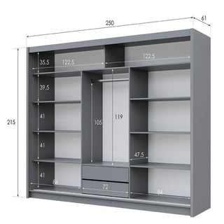 Sliding Wardrobe - KINROSS II 3 Door Mirrored Wardrobe Graphite 250cm