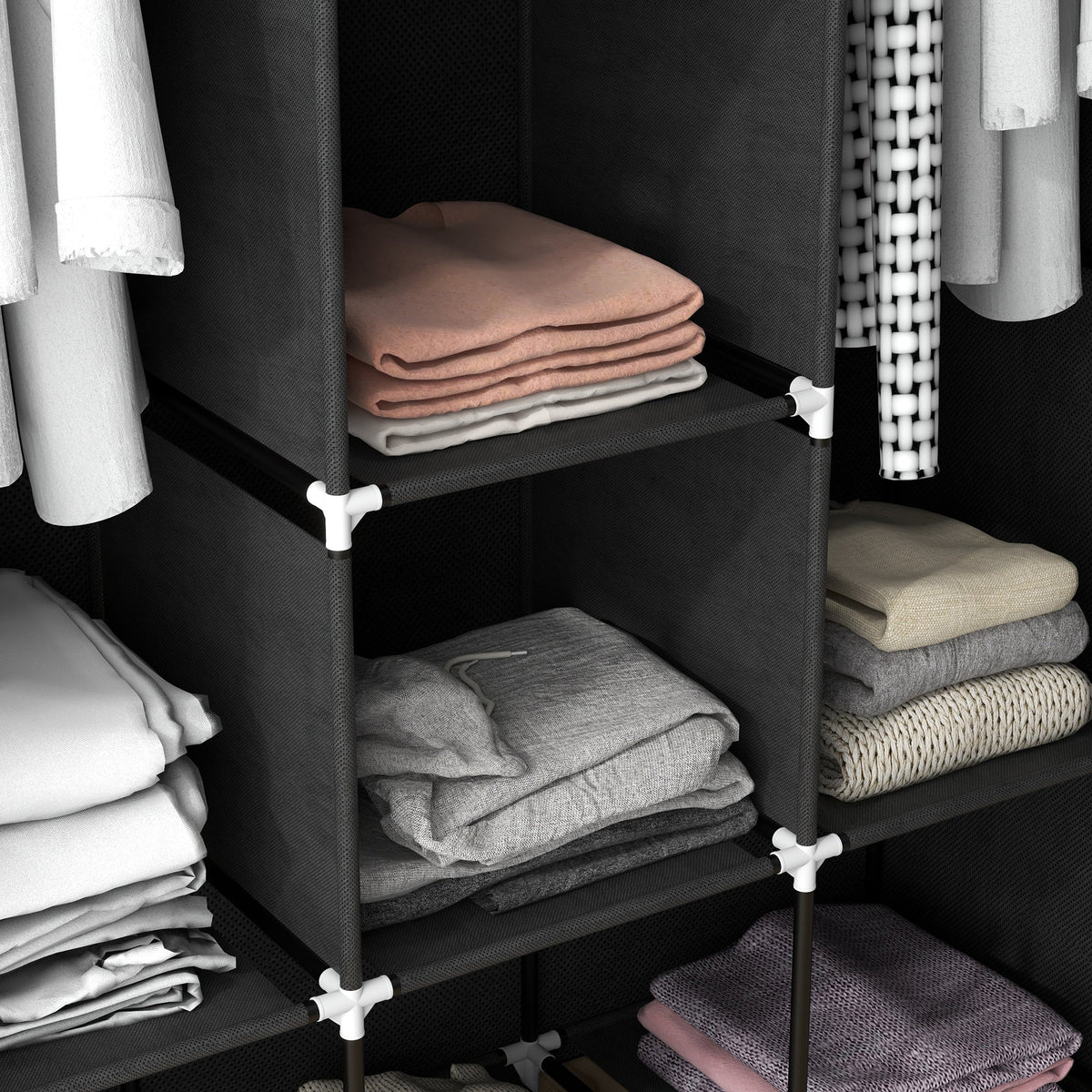 homcom fabric wardrobe with rails and shelves black