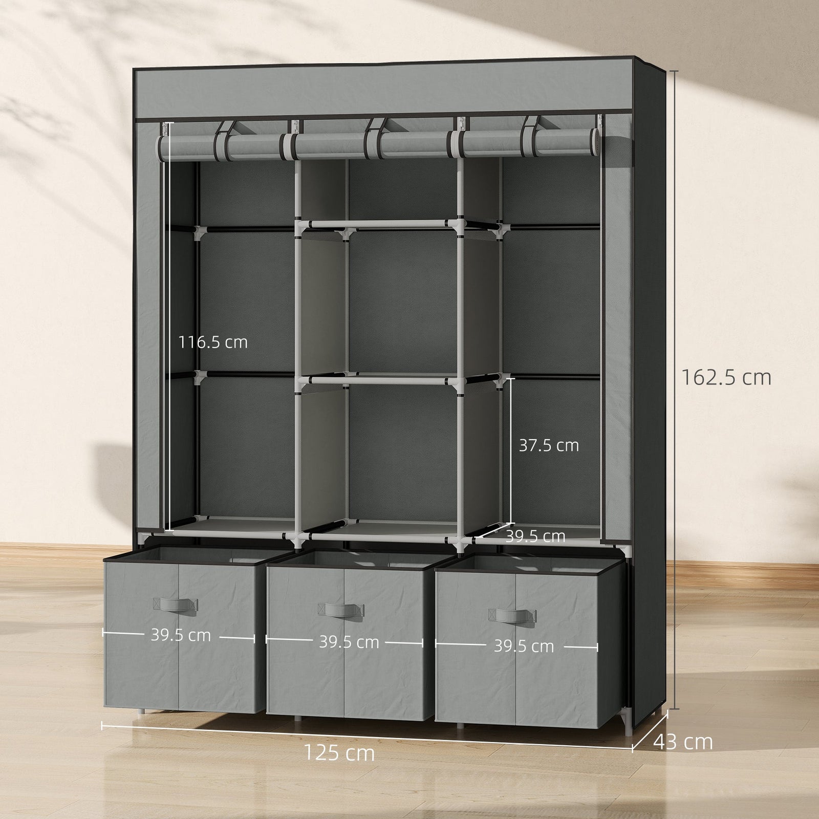 homcom foldable fabric wardrobe for bedroom portable wardrobe with 5 shelves 2 hanging rails and 3 fabric drawers light grey