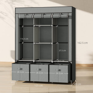 homcom foldable fabric wardrobe for bedroom portable wardrobe with 5 shelves 2 hanging rails and 3 fabric drawers light grey
